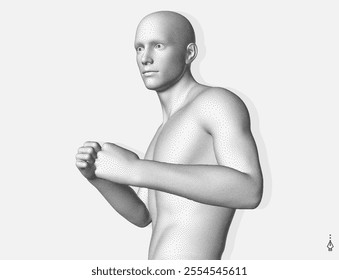 Boxer standing in pose and ready to fight. Sport symbol. Concept of will win or power of spirit. Model of an athlete with stipple effect. 3D vector for design.