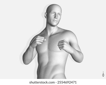 Boxer standing in pose and ready to fight. Sport symbol. Concept of will win or power of spirit. Model of an athlete with stipple effect. 3D vector for design.