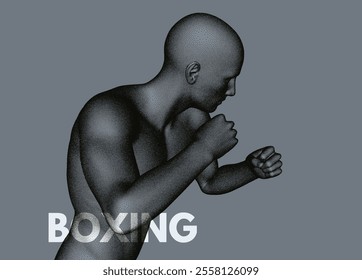 Boxer standing in pose and ready to fight. Sport symbol. Concept of will win or power of spirit. Model of an athlete with stipple effect. 3D vector for advertising, marketing or presentation.