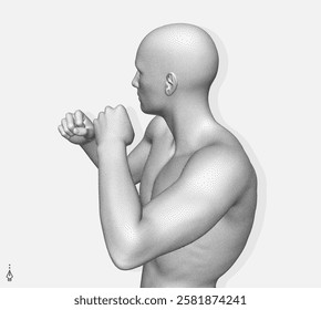 Boxer standing in pose and ready to fight. Sport symbol. Concept of will win or power of spirit. Model of an athlete with stipple effect. 3D vector for design.