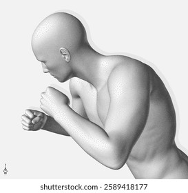 Boxer standing in pose and ready to fight. Sport symbol. Concept of will win or power of spirit. Model of an athlete with stipple effect. 3D vector for design.
