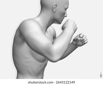 Boxer em pé na pose e pronto para lutar. Símbolo desportivo. Conceito de vontade ou poder de espírito. Modelo de um atleta com efeito pontilhado. Vetor 3D para design.