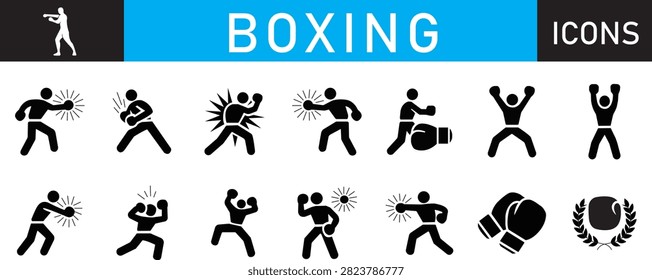 Boxer stick figure vector icon set featuring fighter punch poses, knockout, victory pose, gloves, and champion laurel wreath.