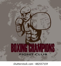 The boxer strikes in boxing gloves. The poster, emblem for fight club. Vector illustration