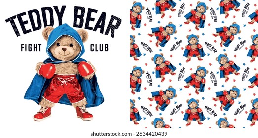 Boxer teddy bear vector illustration.Cute cartoon bear doll boxing athhet hand drawn vector illustration.Cute teddy bear vector art in american flag style for textiles and t shirt graphics.