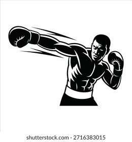 Boxer jogando um poderoso soco com luvas de boxe, retratando combate, luta e artes marciais na batalha esportiva.