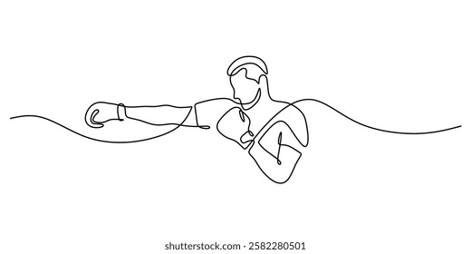 Boxer throwing a punch with gloves in continuous line drawing. Symbol of power, determination, and combat sports. Vector illustration hand drawn.