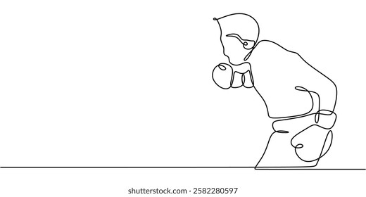 Boxer throwing a punch with gloves in continuous line drawing. Representation of strength, determination, and combat sports. Vector illustration hand drawn.