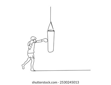 Boxer trem usando boxe saco arte desenho vetor ilustração. 
 Desenho contínuo de uma linha de boxeador esportivo homem de boxe saco de perfuração. Vetor feito à mão não AI