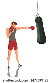 Boxer training in gym flat vector illustration. Professional fighter, sportsman cartoon character. Young man exercising with punching bag, boxing pear. Healthy lifestyle activity, physical training