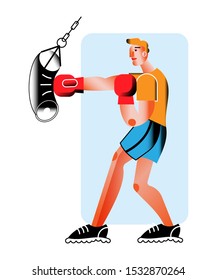 Boxer training in gym flat vector illustration. Professional fighter, sportsman cartoon character. Young man exercising with punching bag, boxing pear. Healthy lifestyle activity, physical training