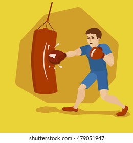 Boxer training with punching bag. Sport guy. Cartoon colorful vector illustration