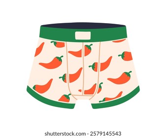 Boxer trunks with red hot chili pepper pattern. Playful funny underwear, men panties, sexy briefs with chilli vegetable print. Male underclothes. Flat vector illustration isolated on white background