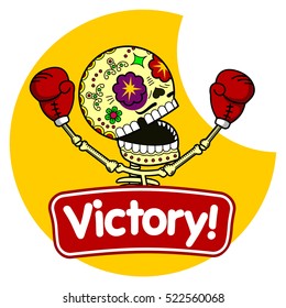Boxer winner. Long Live the Victory.Vector flat and linear Illustration of skeleton. Web banners, advertisements, brochures, business templates. Isolated on a white background.