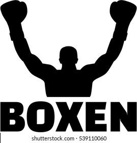Boxer winning silhouette with german word