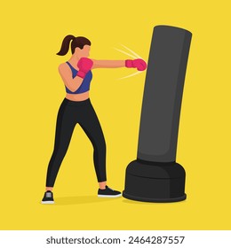 Boxer mujer golpeando un saco de boxeo de pie y haciendo ejercicio, deportes de combate y concepto de determinación