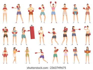 Boxer woman icons set cartoon vector. Female glove. Mma lady