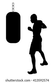 Boxer worming up vector silhouette illustration isolated. Strong fighter direct kick. Sportsman on training. Sparing. Martial skill demonstration. Boxing sport spectacle event. Kick avoidance.
