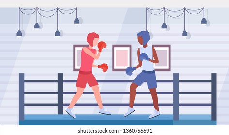 boxers exercising thai boxing couple mix race fighters in gloves and protective helmets practicing together fight club ring arena interior healthy lifestyle concept flat