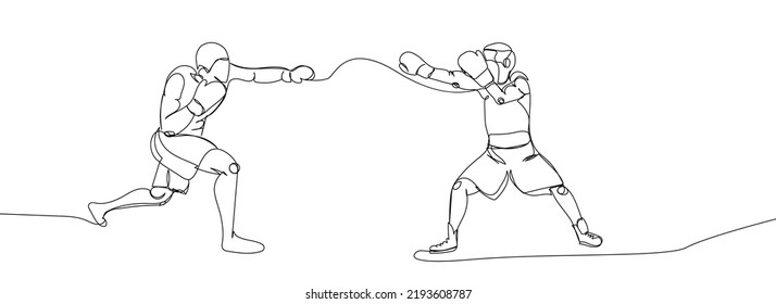 Boxers fight one line art. Continuous line drawing boxing, protective mask, boxing gloves, fight, athletes, battle, man, competition, sport, boxing ring.