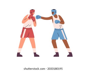 Boxers fighting. Box fighter punching his opponent with hand in glove. People in helmets and shorts boxing. Match between international athletes. Flat vector illustration isolated on white background