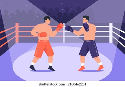 Boxers Fighting In Boxing Ring Flat Vector Illustration. Sportsmen In Blue And Red Shorts And Gloves Punching Each Other In Arena Or Stadium In Spotlight. Wrestling Match, Sport, Competition Concept