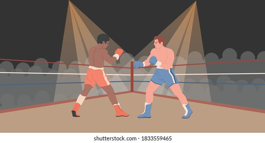 Boxers are fighting in boxing ring vector background. Black and white men fight