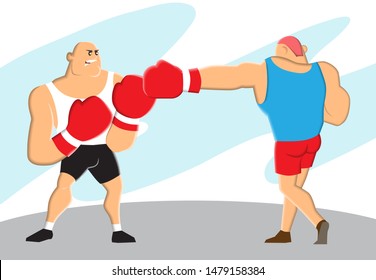 Boxers are fighting. Heavy weight, fast movement. Sports and martial arts help to gain strength and self-confidence. Vector illustration.