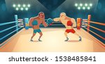 Boxers fighting on ring, opponents in blue and red shorts and gloves fight on arena with spotlights and ropes. Wrestling presentation match, competition. Dangerous sport. Cartoon vector illustration