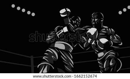 Boxers fighting in the ring black and white vector illustration. Throw an uppercut.