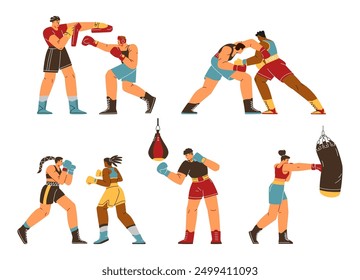 Conjunto de Ilustraciones vectoriales planas para boxeadores peleando, entrenando y ejercitándose. Deportistas de Profesional en ropa deportiva golpeando saco de boxeo. Lucha libre y entrenamiento, competición de juegos de deportes marciales