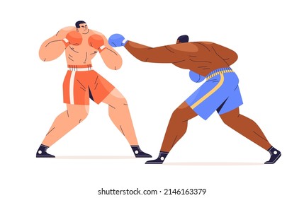 Boxers fighting. Wrestling battle of two strong fighters in gloves. Man athlete punching his opponent with arm at classic boxing competition. Flat cartoon vector illustration of international sparring