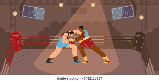 Boxers men boxing on the ring, opponents in sportswear and gloves fight on arena with spotlights and spectators. Wrestling match, martial sport game competition vector flat illustration