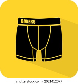 Boxers. Mens underwear sign. Briefs, drawers, shorts, trunks, underpants, undershorts. Gent's apparel icon. Black and yellow color vector illustration.