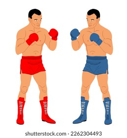 Boxers in ring duel vector illustration isolated on white background. Strong fighter direct kick. Sportsman on training sparing. Martial skills demonstration. Boxing sport event. Tough man battle.