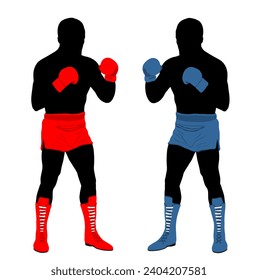 Boxers in ring duel vector silhouette isolated on white background. Strong fighter direct kick. Sportsman on training sparing. Martial skills demonstration. Boxing sport event. Tough man battle.