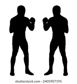 Boxers in ring duel vector silhouette isolated on white background. Strong fighter direct kick. Sportsman on training sparing. Martial skills demonstration. Boxing sport event. Tough man battle.