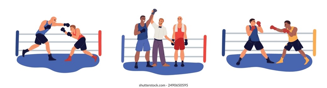 Boxer in Ringszenen. Sportkämpfe. Boxsparring. Sportler-Wettbewerbe. Professionellen Kämpfer in Uniform. Schiedsrichter verkündet Gewinner und Verlierer. Kickboxer-Match