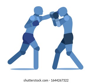 Boxers in the ring. Vector illustration. Simplified symbolic image of a man. Men Athletes in boxing gloves. Attack and defense. Side view. Separate on a white background.
