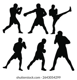Silhuetas de caixa. Luta de boxe humano. Boxer jogadores isolados em fundo branco. Ilustração vetorial