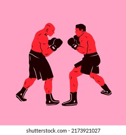 Boxers standing in stance. Two fighting men. Boxing, sports, workout, martial arts, mixed fight concept. Cartoon style. Hand drawn modern Vector illustration. Logo, print, poster, design template