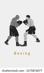 Boxers standing in stance. Two fighting men. Boxing, sports, workout, martial arts, mixed fight concept. Cartoon style. Hand drawn modern Vector illustration. Logo, print, poster, design template