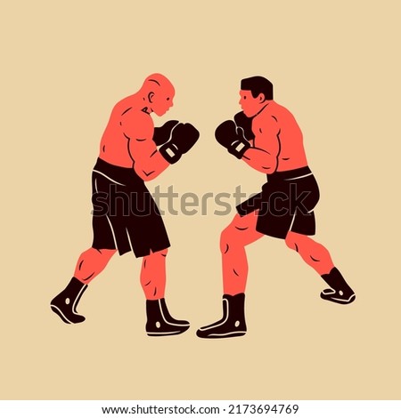 Boxers standing in stance. Two fighting men. Boxing, sports, workout, martial arts, mixed fight concept. Cartoon style. Hand drawn modern Vector illustration. Logo, print, poster, design template