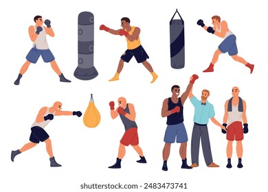 Boxers train. Athletes in uniform beat punching bag. Participate in sparring. Referee announces winner. Combat sport. Fighters against opponents. Kickboxers match. Garish