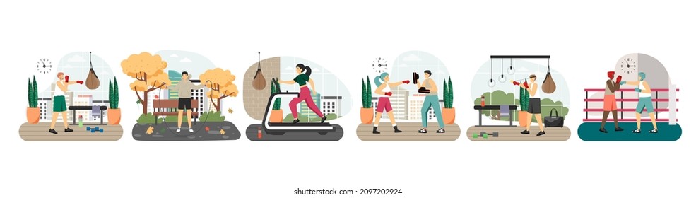 Entrenamiento de boxeadores, peleas. Anillo de pelea de boxeo, gimnasio y entrenamiento al aire libre, ilustración aislada de vector.