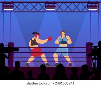 Boxers women boxing on ring, opponents in blue and red sportswear and gloves fight on arena with spotlights and spectators. Wrestling match, martial sport game competition