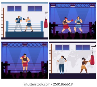 Boxeadores, mujeres y hombres boxeando en el ring, oponentes con ropa deportiva y guantes pelean en la arena con focos y espectadores. Lucha libre, entrenamiento en el gimnasio. Competición de juego de deporte marcial