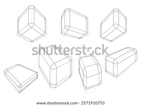 Boxes in 2-point perspective and different vanishing points with displaying multiple rounding principle