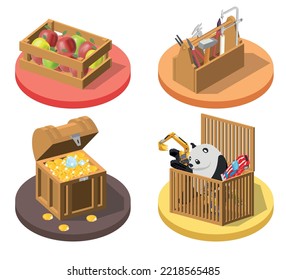 Boxes 3d 2x2 set with isolated icons of wooden boxes filled with toys fruits tools coins vector illustration