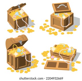 Boxes 3d set of colorful images with vintage wooden treasure chests filled with jewels and coins vector illustration